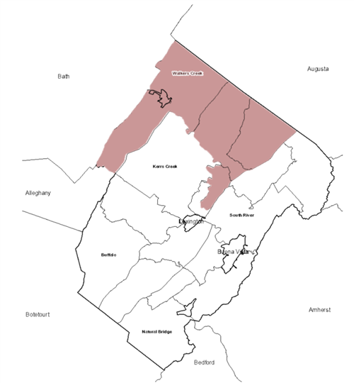 Map of Rockbridge County with Walkers Creek District highlighted 